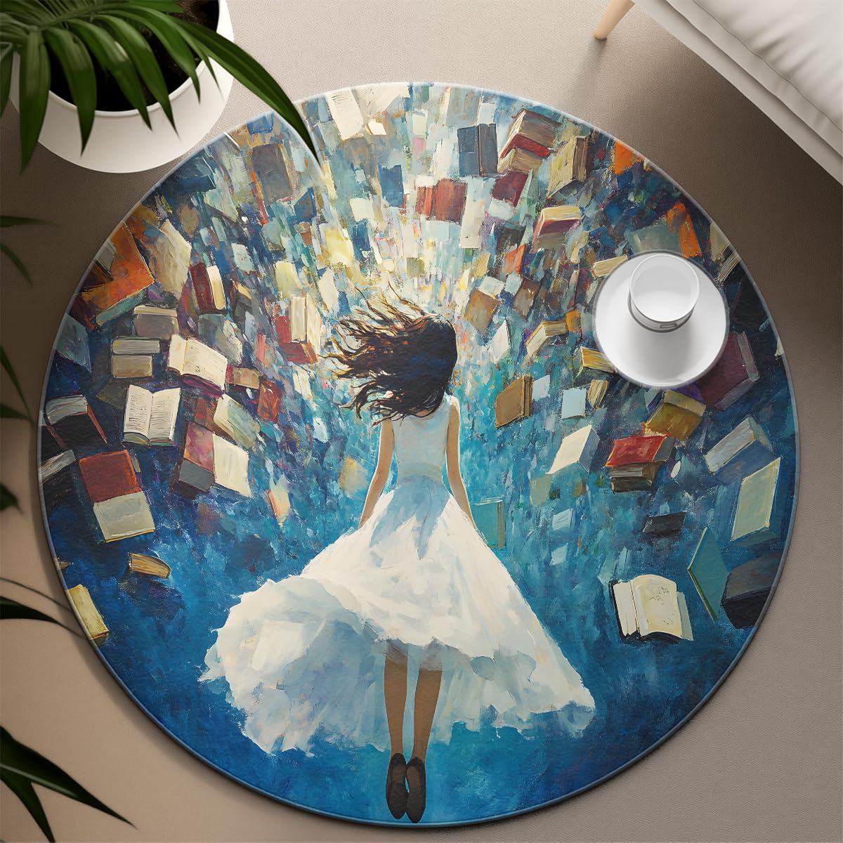Tapis Rond 100cm Livres Volants Fille Anime Tapis Circulaire Style Peinture Huile bibliothèque Magique antidérapant Fin Faible épaisseur carpette déco Salon Bureau Appartement