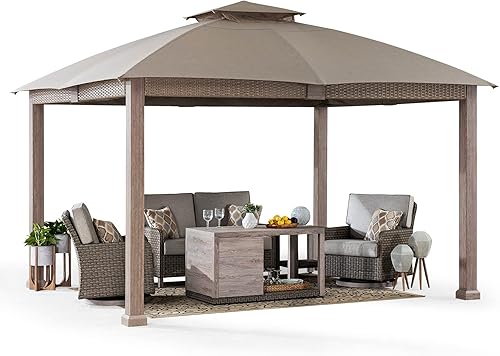 Sunjoy Cenador de 11 pies x 13 pies con toldo de tela Sunbrella para patio, marco de acero de 2 niveles con parte superior suave de 2 niveles con