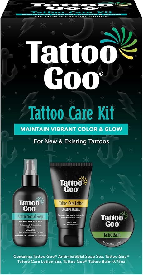 Tattoo Goo Aftercare Kit Includes Antimicrobial Soap, Balm, and Lotion, Tattoo Care for Color Enhancement + Quick Healing - Vegan, Cruelty-Free, Petroleum-Free, Tattoo Artist Gifts (3 Piece Set)