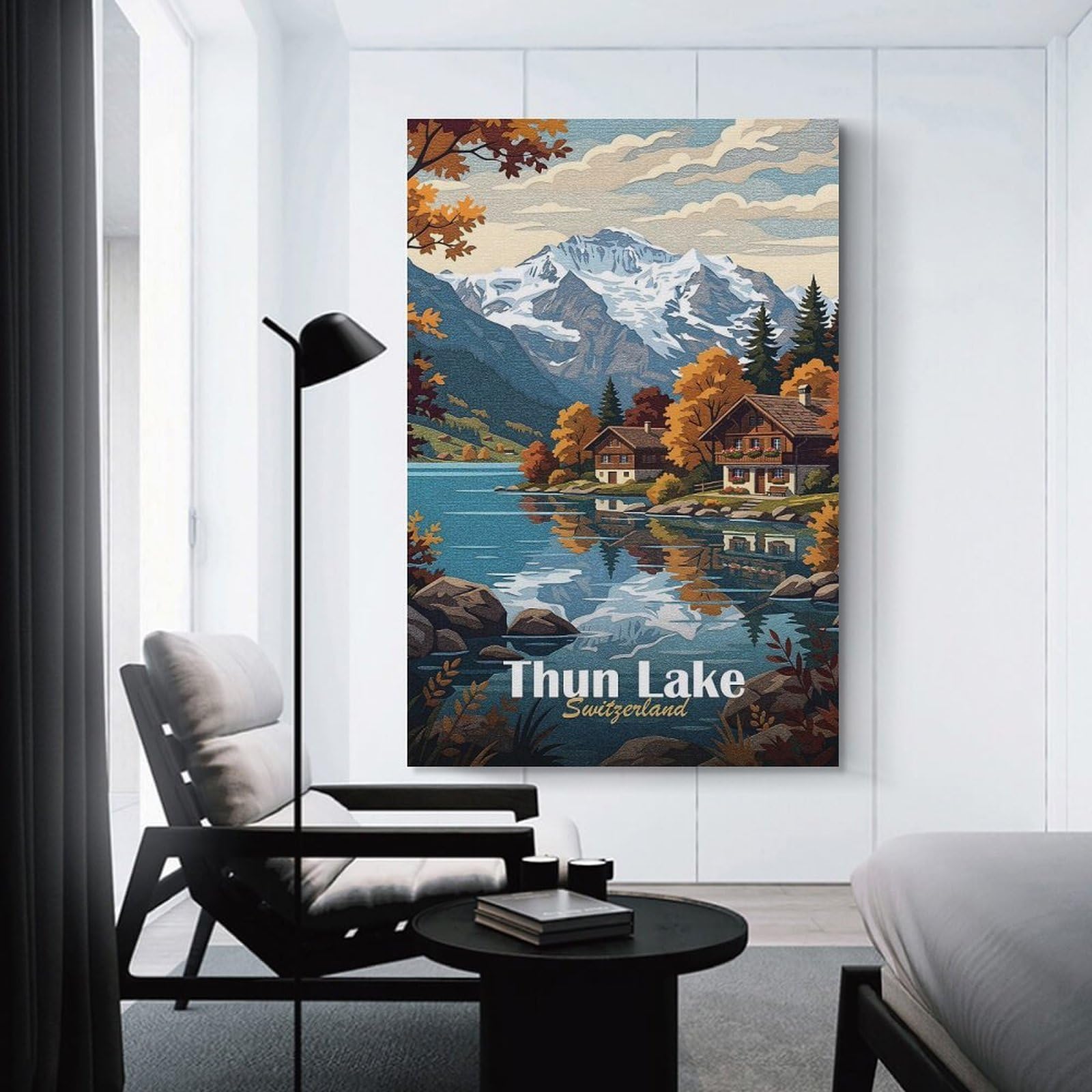 Junmoney Canvas Wall Picture Thun Lake, Switzerland Landscape Art, 24x36inch(60x90cm), for Study, Office Or Focused Interiors, Wall Art That Adds Style to Work Areas