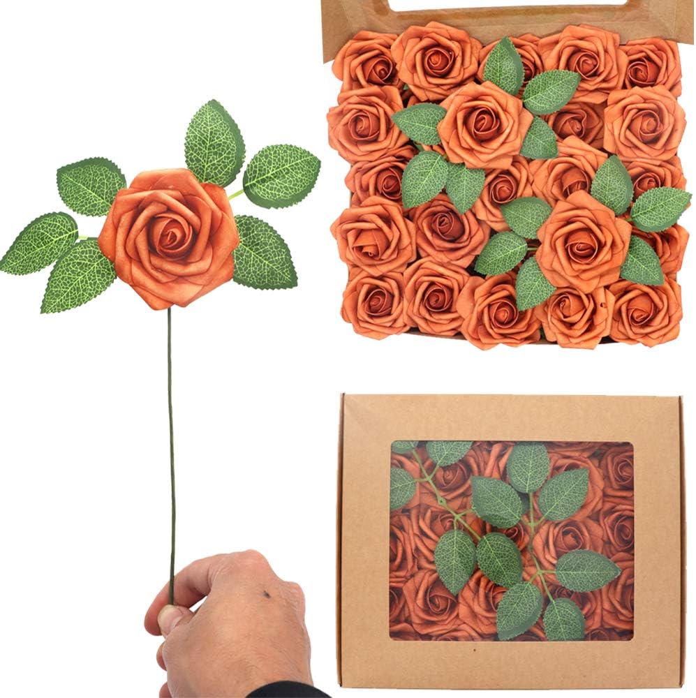 50pcs Artificial Flower，Real Touch Artificial Foam Roses Decoration DIY for Wedding Bridesmaid Bridal Bouquet Centerpieces Party(50, Burnt Orange-boxpack)