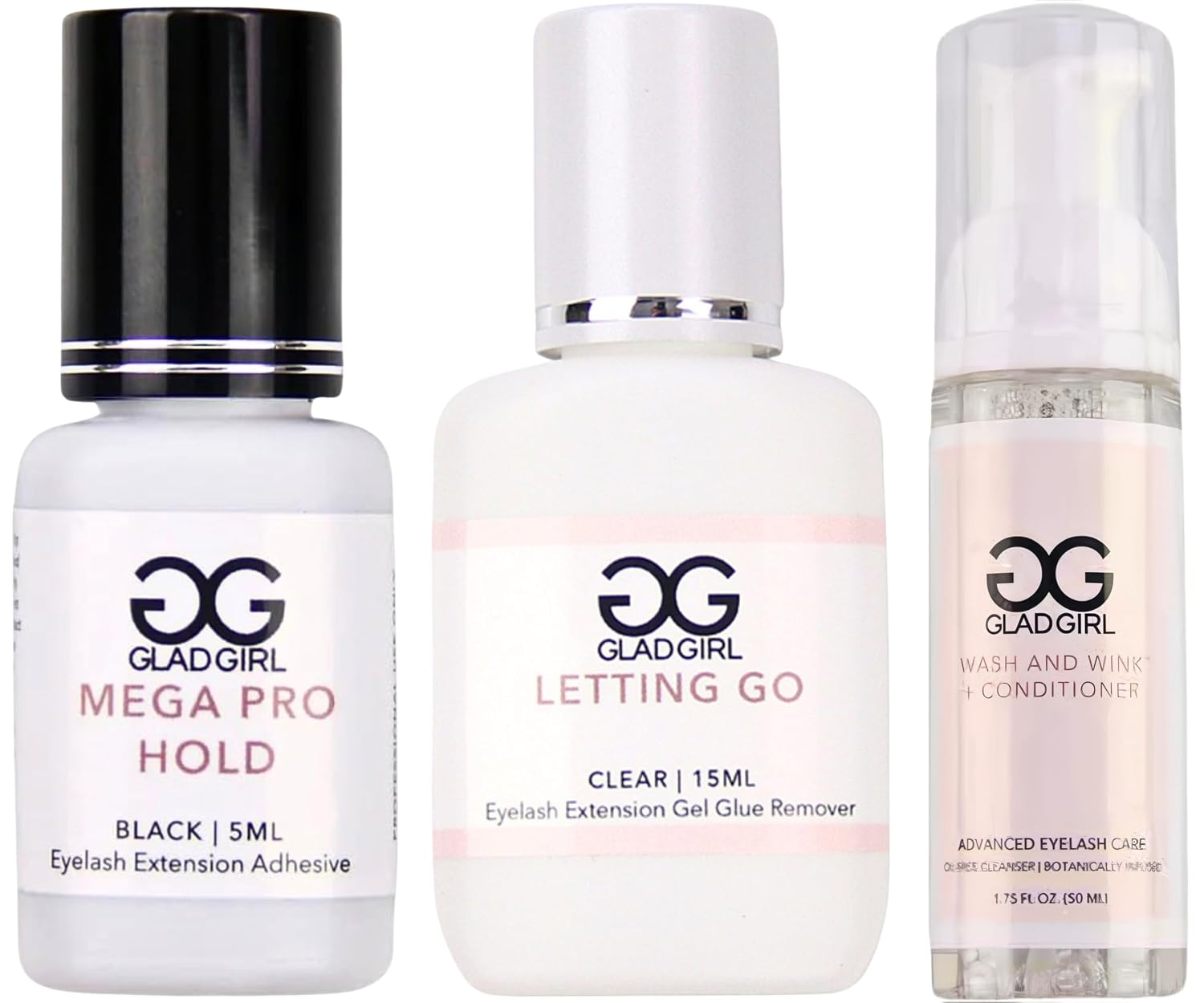 GladGirl Mega Pro Hold False Lash Extension Glue (5 ml), Odorless Lash Adhesive Remover (15 ml), and Wash & Wink Lash Cleanser (50 ml)
