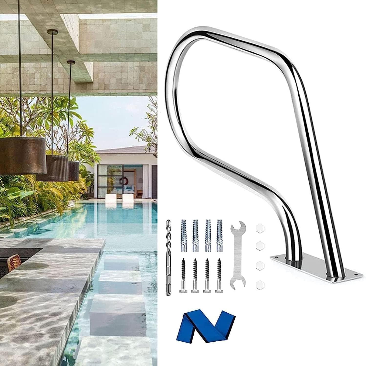 プール手すり 32インチ×23インチ プール手すり、3ベンドプール階段レール1個、304ステンレス鋼プール手すり、地下スイミングプー