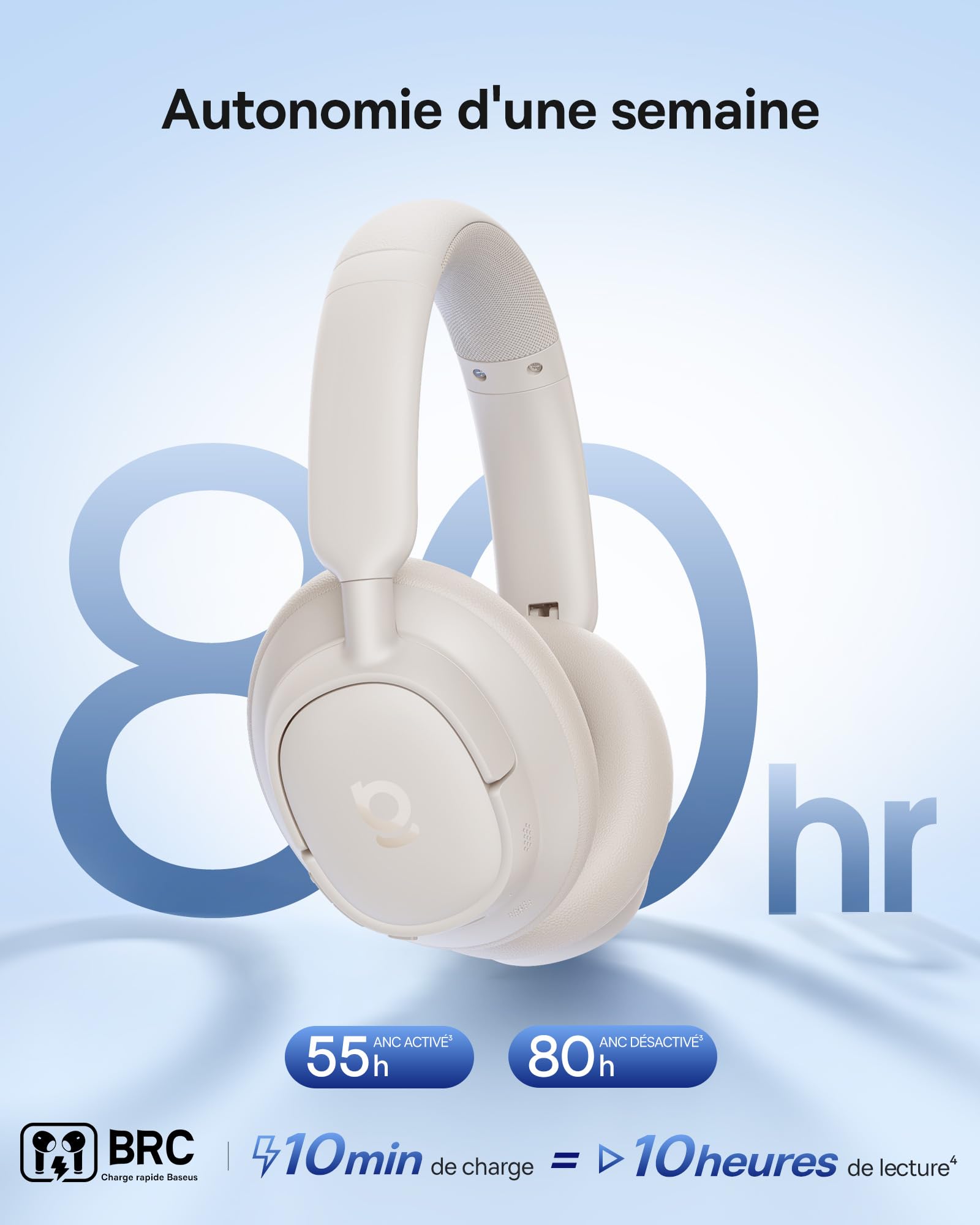 Baseus EH10 NC Casque Bluetooth avec Réduction de Bruit Hybride Active -45 DB, Casque Circum-Aural Hi-Res & Audio LDAC avec 5 Micros à IA, 80 h d’Autonomie, Bluetooth 6.0 - Blanc Lumière d’Étoile