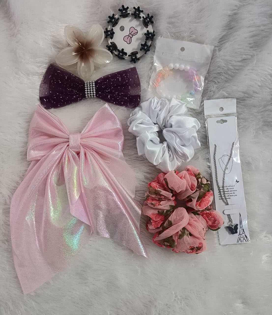 Stunning Shopping Girls Gift Hamper | Hair Accessories Combo Set for Birthday, Raksha Bandhan & Valentine’s Day | Hair Bows, Scrunchies, Clips & Necklace | Perfect Anniversary Gift for Women & Teens (Pink1)