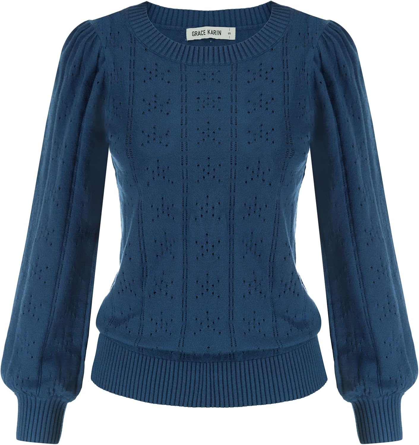 GRACE KARIN Women's Long Lantern Sleeve Crew Neck Crochet Top Hollow Out Fall Pullover Sweater