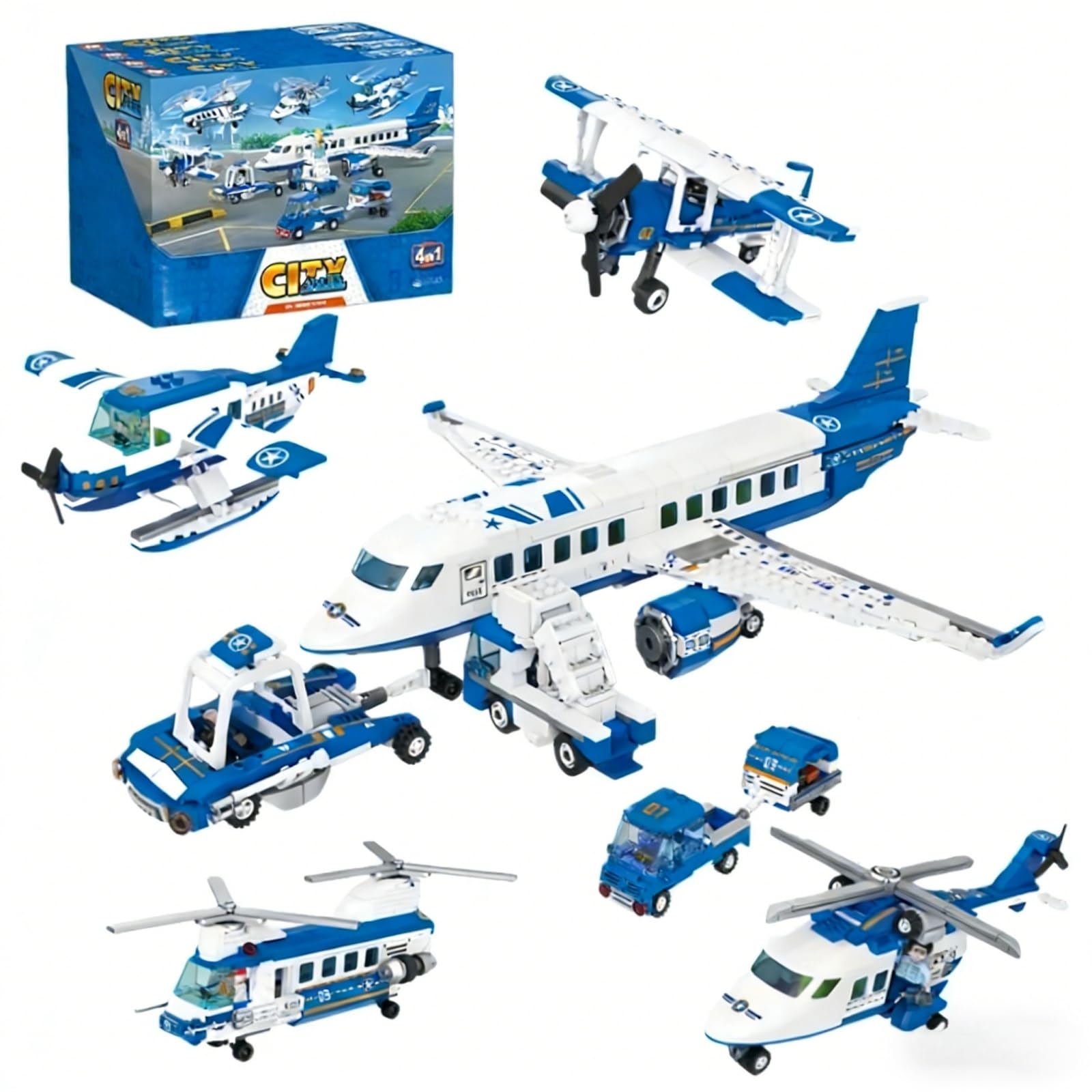 Stadt-Passagierflugzeug Baustein (936 Teile), 4-in-1-Transporter Flugzeug & Hubschrauber Klemmbausteine Modell, STEM-Lernspielzeug, Dekoration für das Homeoffice, Geburtstagsgeschenk für Jugendliche