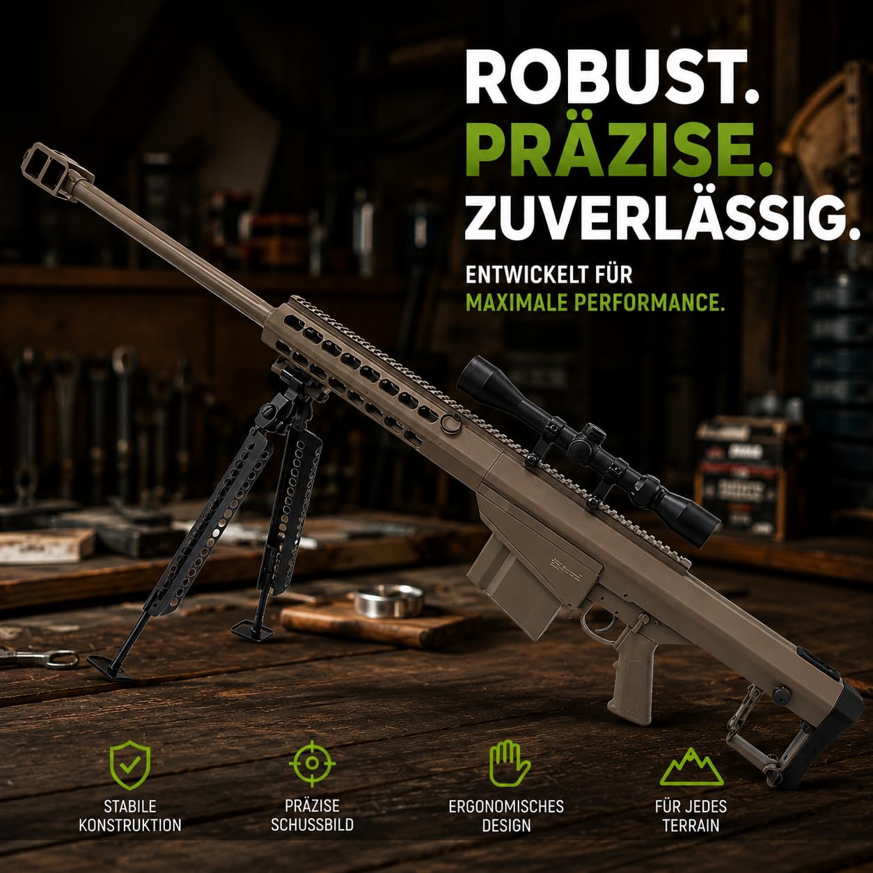Fritz-Cell Set Airsoft Gewehr M82 140 cm Softair Waffe 0,5 Joule 6 mm inkl. Zweibein, Zielfernrohr, 500 Premium BB's 0,20g Munition FC31CD Dark Earth