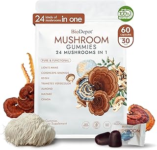 24 in 1 Mushroom Brain Supplement Gummies for Boost Focus & Immune System, Memory & Energy Support, Coffee Alternative, Lions Mane Gummie for Kids and Adults, 60 Gummies
