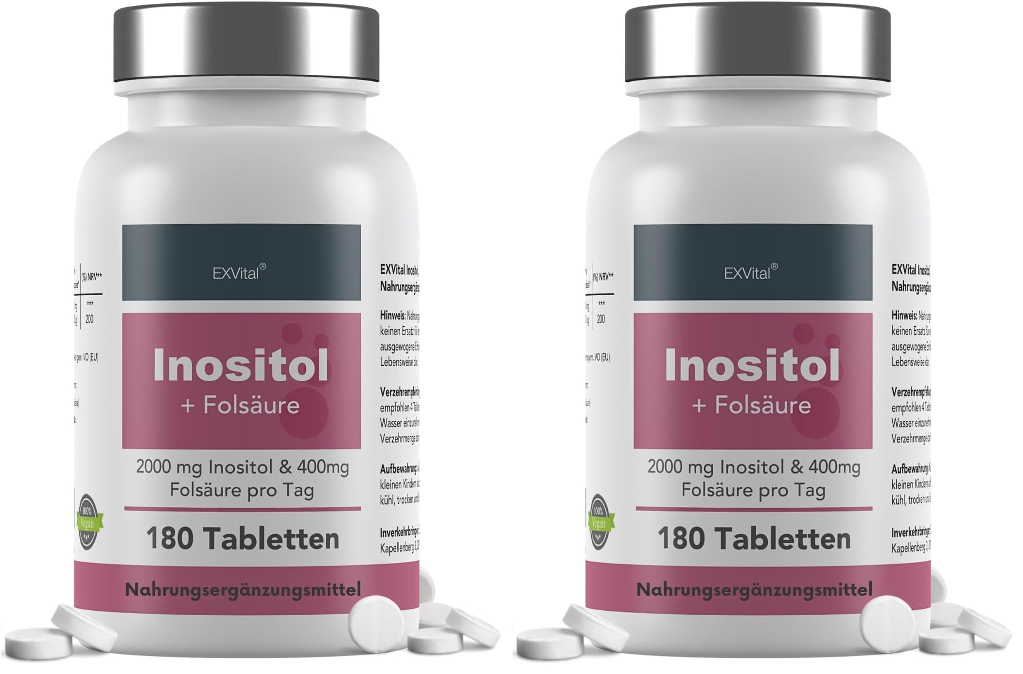 Inositol, ideal kombiniert mit Folsäure, 180 Tabletten, reines Myo-Inositol, hochdosiert: 2000 mg Inositol & 400 μg Folsäure pro Tag, vegan & ohne Zusätze! (Packung mit 2)