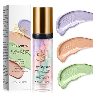 3 Color Sunscreen Concealer Cream, SPF50+ Face Moisturizing Sunscreen Skin Tone Correcting Isolation Cream, Even Skin Tone & Natural Radiance, Oil-Control & Hydrating Color Correcting Makeup Primer
