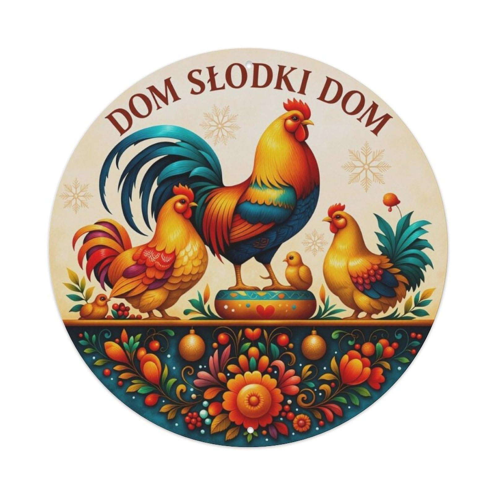 Polish Folk Rooster Dom Słodki Dom Round Decor Sign Vintage Aluminium Metal Sign, Retro Wall Decor for Home, Bar, Garage & Farmhouse 20x20cm