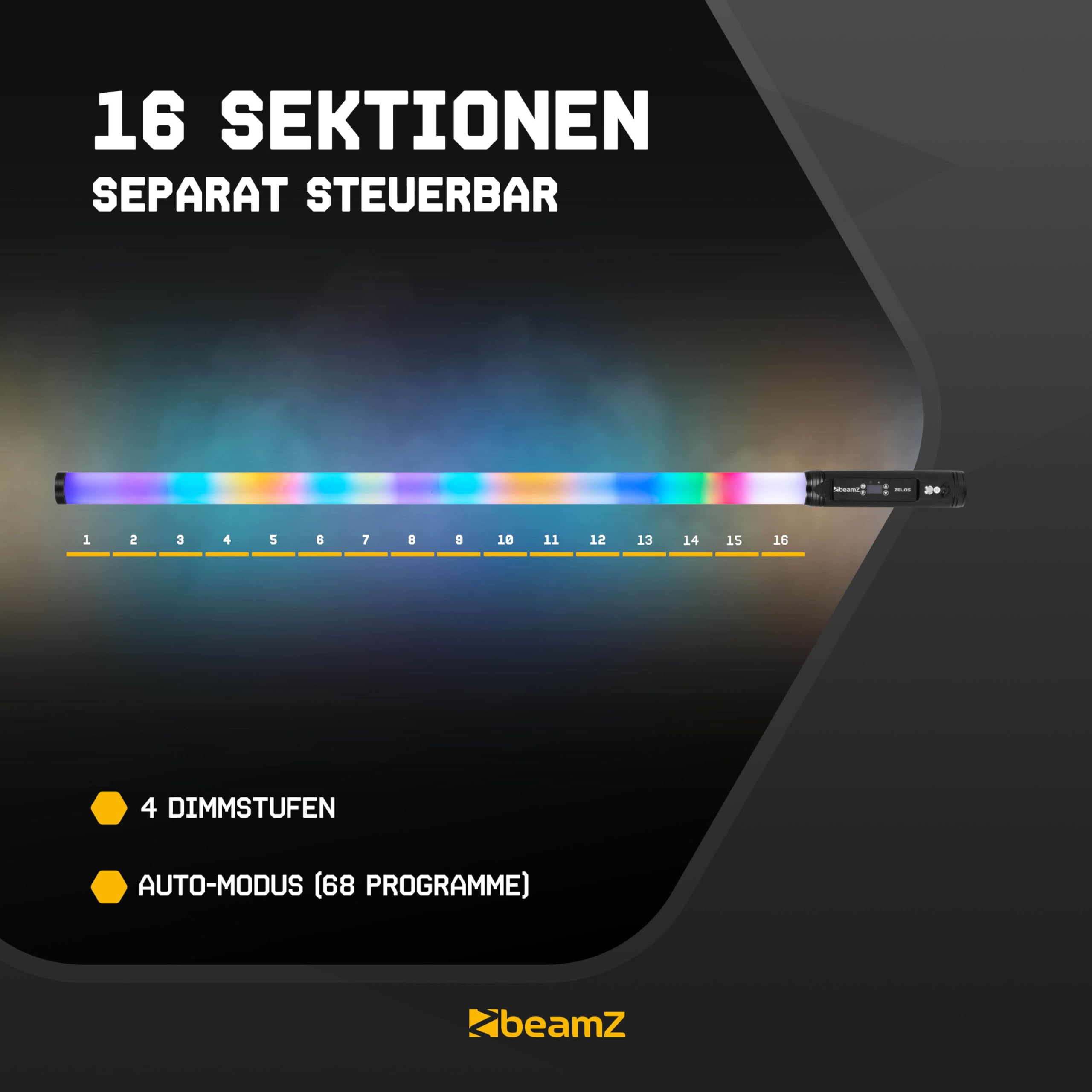 BeamZ Zelos - Akku LED Bar, Tube mit 360° RGBW, IP65 Wetterfest, 12h Akkukapazität, Bühnenlicht, Wireless DMX – Lichtorgel Musikgesteuert – LED Stehlampe für DJ Lichteffekte Partybeleuchtung