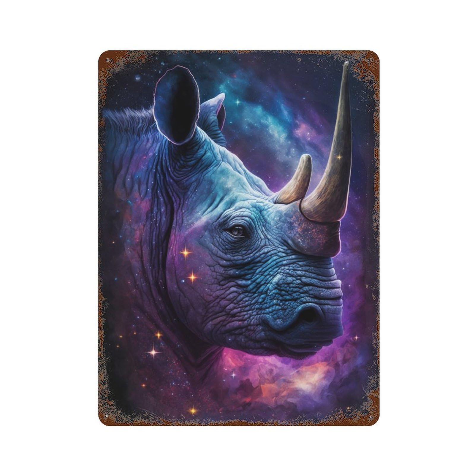 Galactic Rhino Portrait -2 Aged Metal Wall Plaque 15.7"x11.8", Classic Wall Plaque for Garage, Pub Or Kitchen