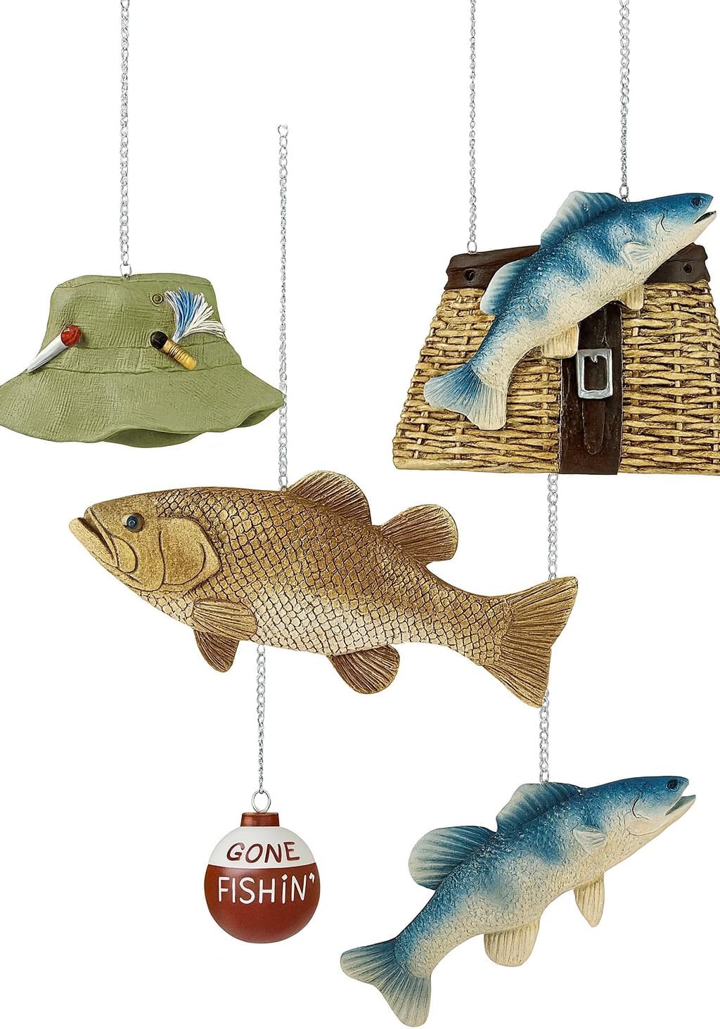 2020 Set of 3 Gone Fishing Christmas Ornaments - Hat, Fish and Bait Bag
