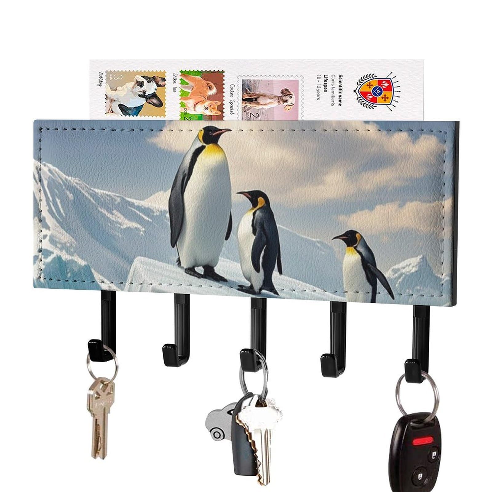 Fekiloot Black-Style Penguins On The Iceberg Key Holder Wall Mount Key Hanger With 5 Hooks Decorative Key Rack Hanging Key Hooks With Mail Organizer Key Holder For Wall Living Room Kitchen Bathroom Hallway Black