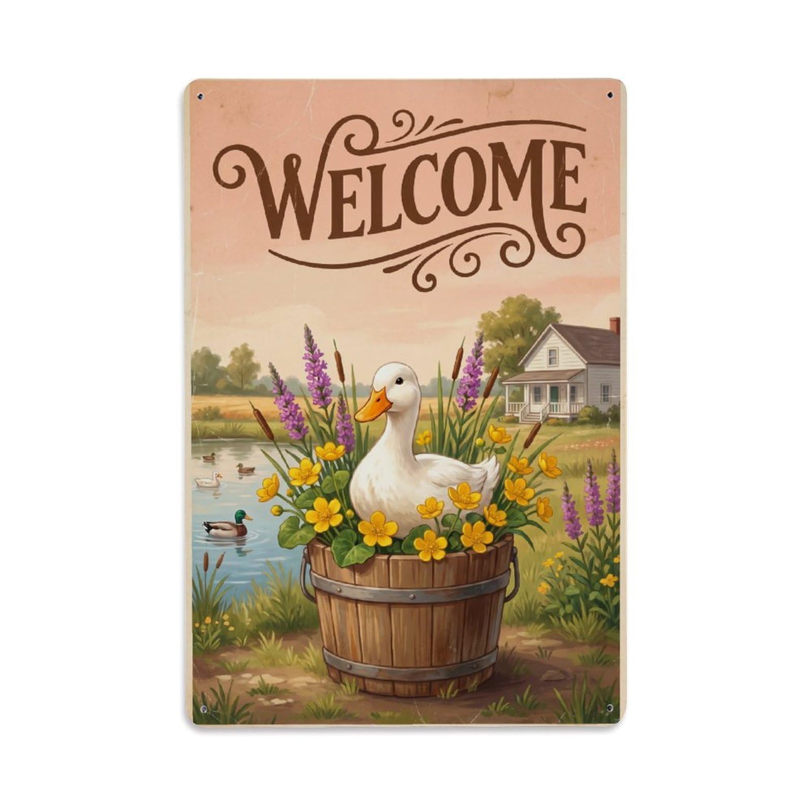 Cxhjca 8X12inch(20X30cm) Vintage Welcome Duck Countryside Metal Tin Sign