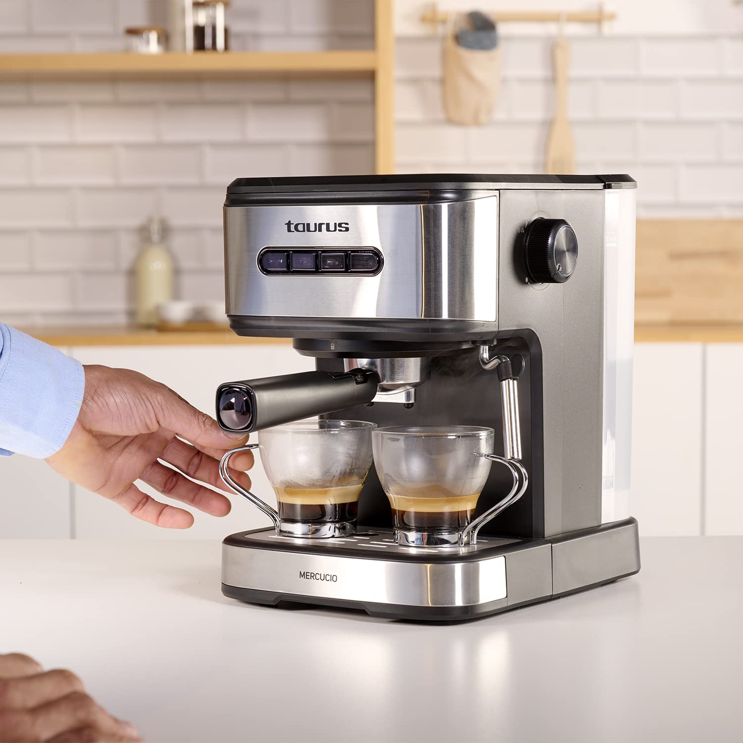 Taurus Mercucio - Cafetera espresso 20 Bar, programable, parada automática, 850W, BPA free, apagado automático, 1.50L, vaporizador, sistema extra-cream