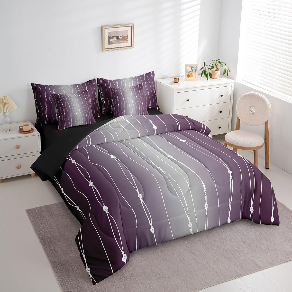 Purple and Grey Watercolor Bedding Comforter Sets 7Pcs Wave Lines and Dots Bed in a Bag Gradient Ombre Queen Bedding Sets Aesthetic Abstract Comforter Set Modern Stripe Bedding Sets