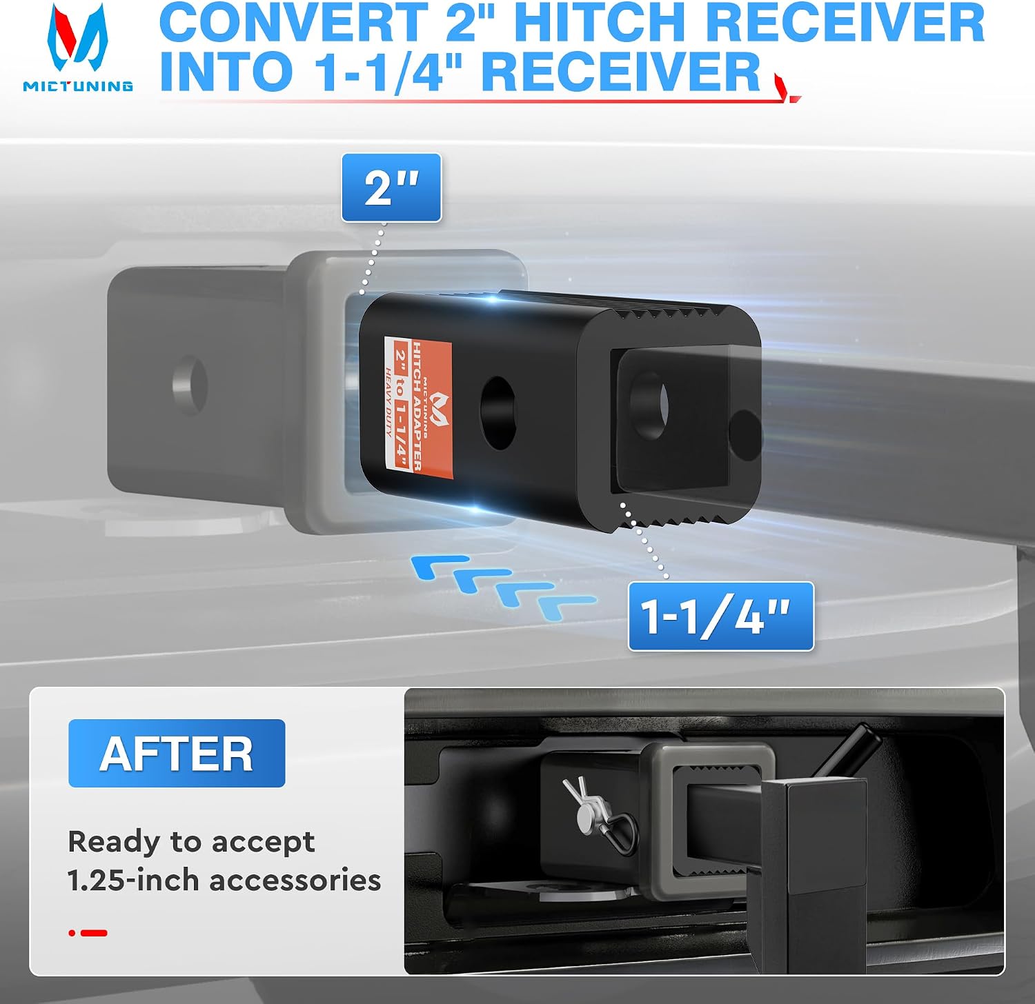MICTUNING 2 inch to 1-1/4 inch Trailer Hitch Receiver Adapter Set, 2" Class III/IV to 1.25" Class I/II Hitch Reducer Sleeve Insert Converter with Hitch Pin & Clip