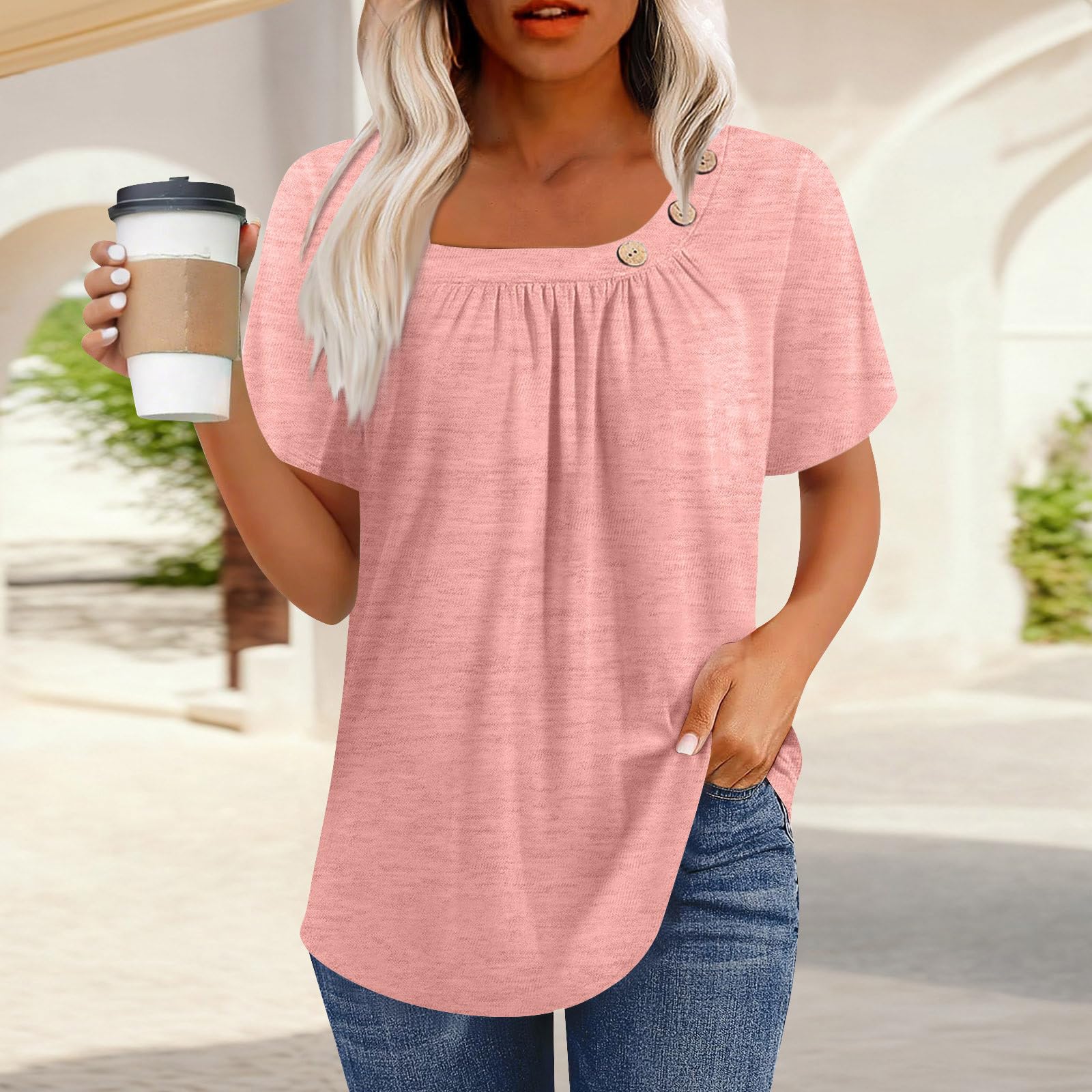 Camicette da donna a maniche corte primaverili eleganti casual vestibilità ampia magliette con bottoni decorazione estiva tinta unita tunica top, Ac-anguria Rosso, XX-Large