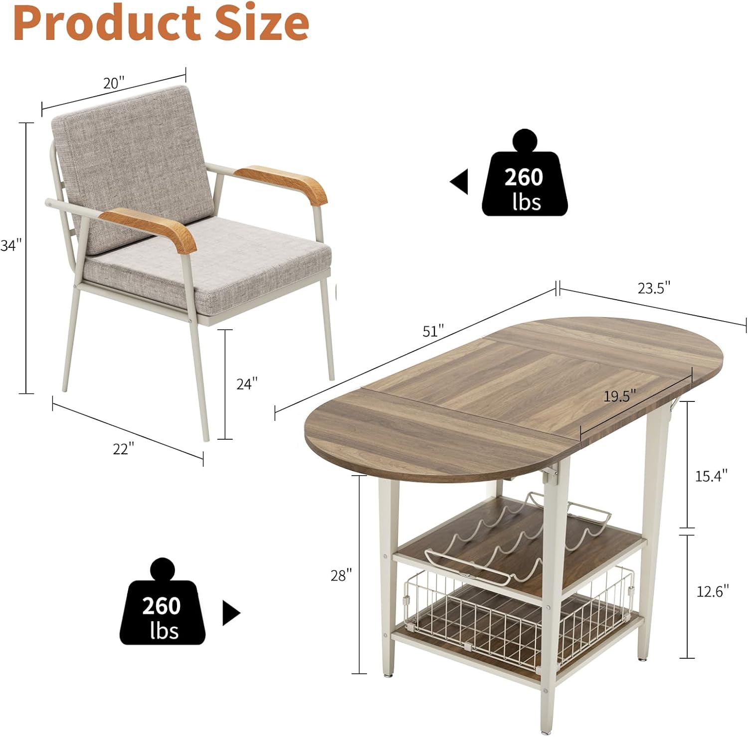 VFK 3 Piece Dining Table Set, 51 Inch Modern Kitchen Folding Breakfast Table with Right Seat Storage Corner Stools and Dining Chairs for Home Dining Room Furniture