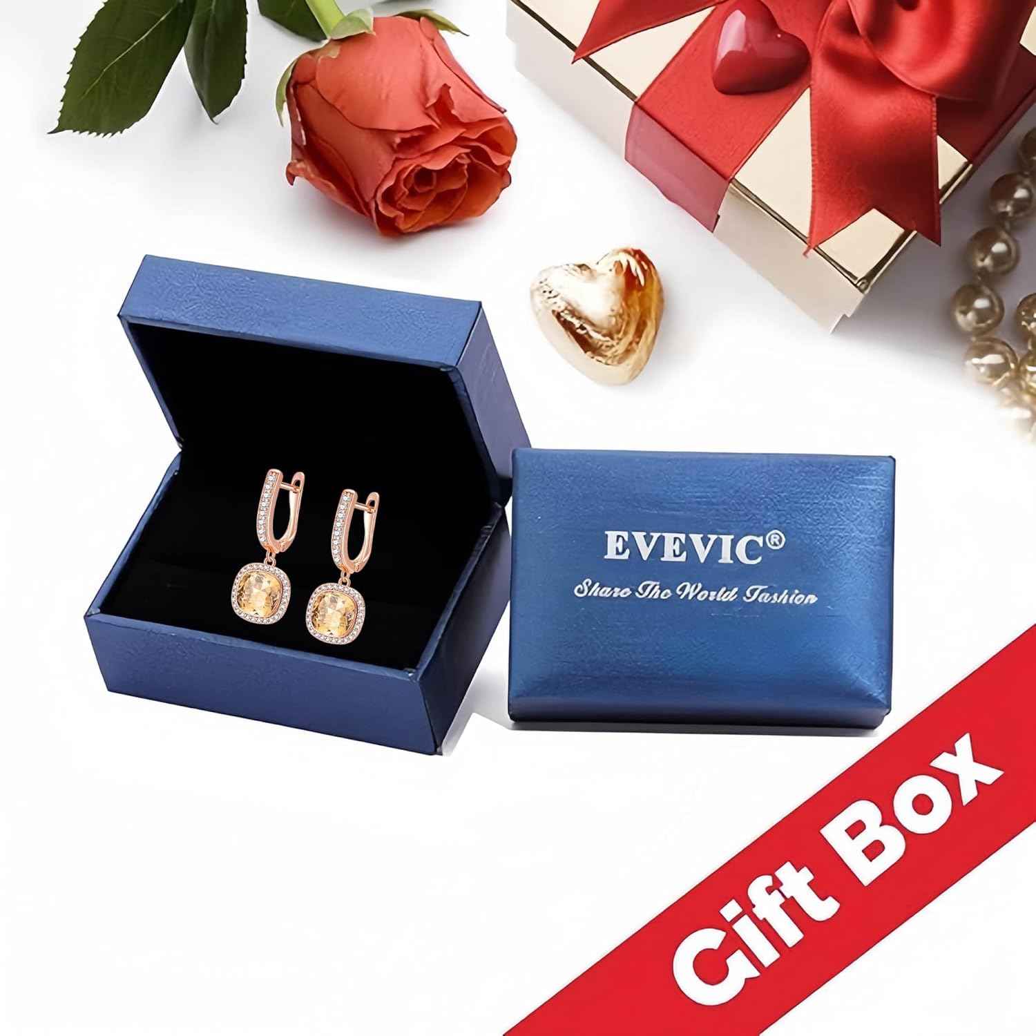 EVEVIC Austrian Crystal Leverback Square Cushion Halo Dangle Huggie Earrings for Women 14K Gold Plated Hypoallergenic Jewelry Gift - Image 7