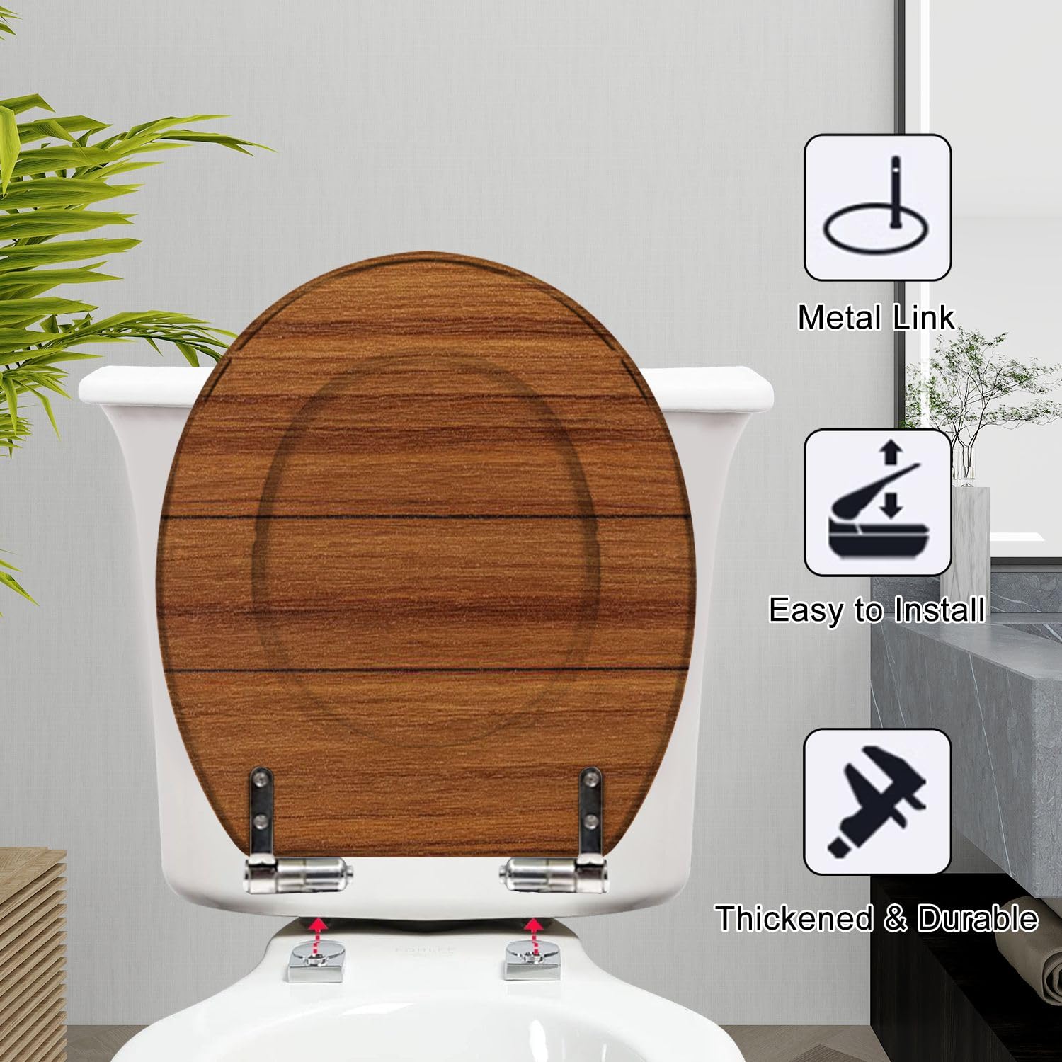 Asiento de inodoro redondo de resina de madera de teca con tapa de cierre suave y silencioso, bisagras de liberación rápida, protectores de cubierta y fácil limpieza.