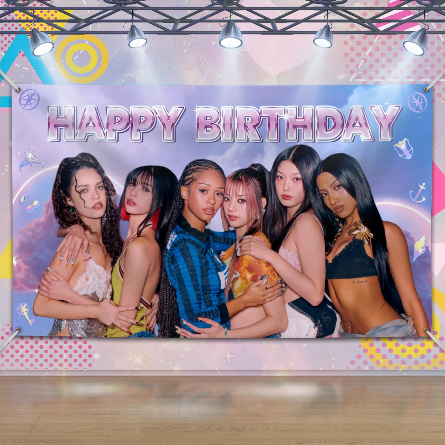 Global Girls Group Happy Birthday Backdrop 180x110cm, Large Pop Idol Music Theme Party Banner Decorations for Girls & Teens with Eyelets & Glue Points
