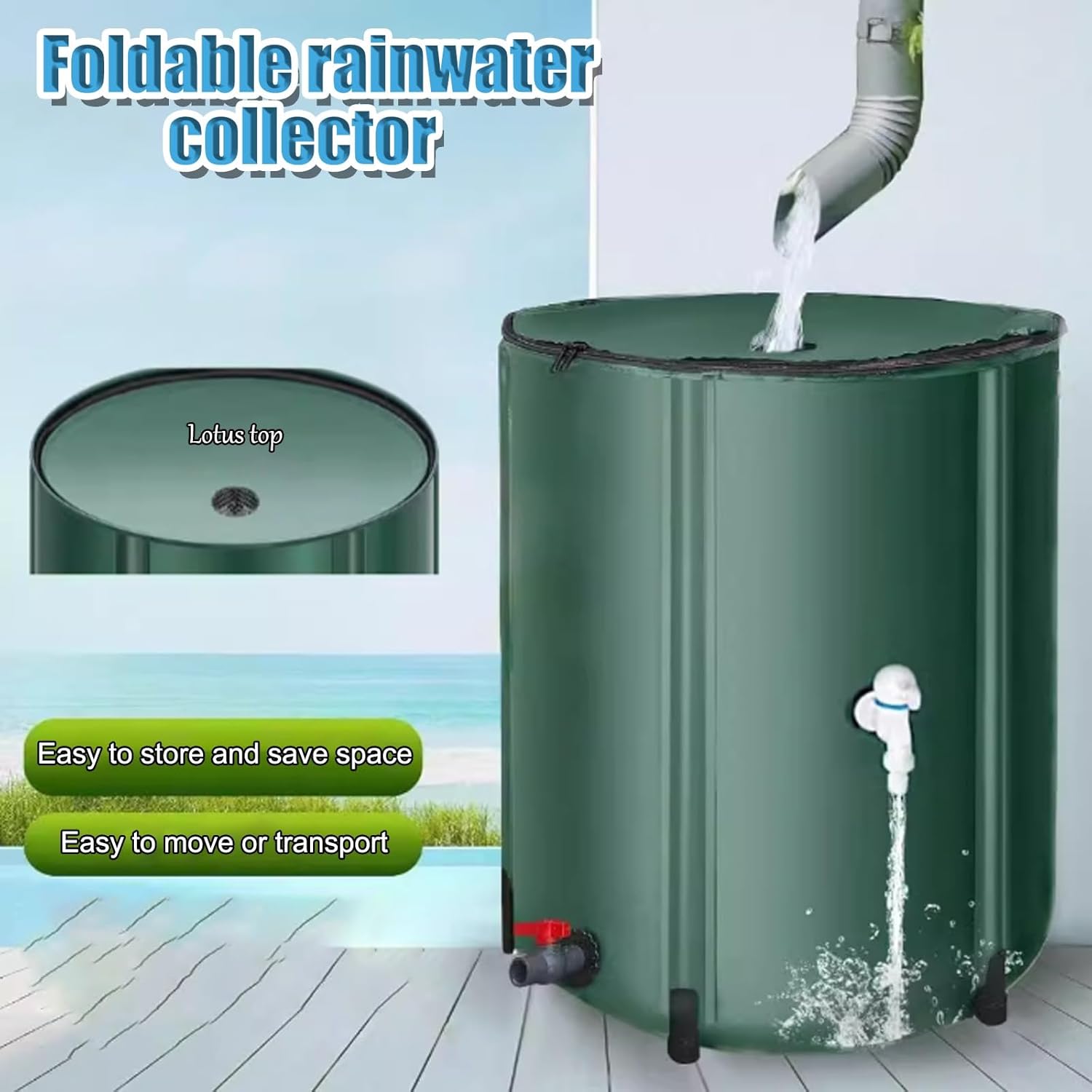 Water Catcher Container with Filter Spigot，Water Barrel, Foldable Rainwater Collect System，PVC Folding Rainwater Collection Barrel, for Terraces, Patio，Garden Outside(160L)