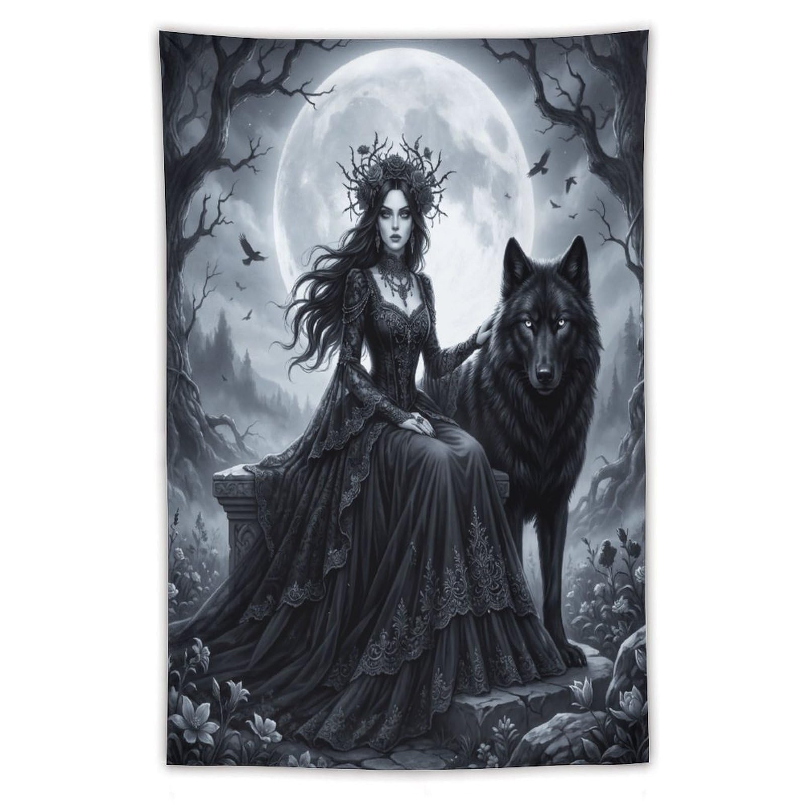 W7C8U2X3 Moonlit Wolf Queen Wall Tapestry, Realistic Illustration Style