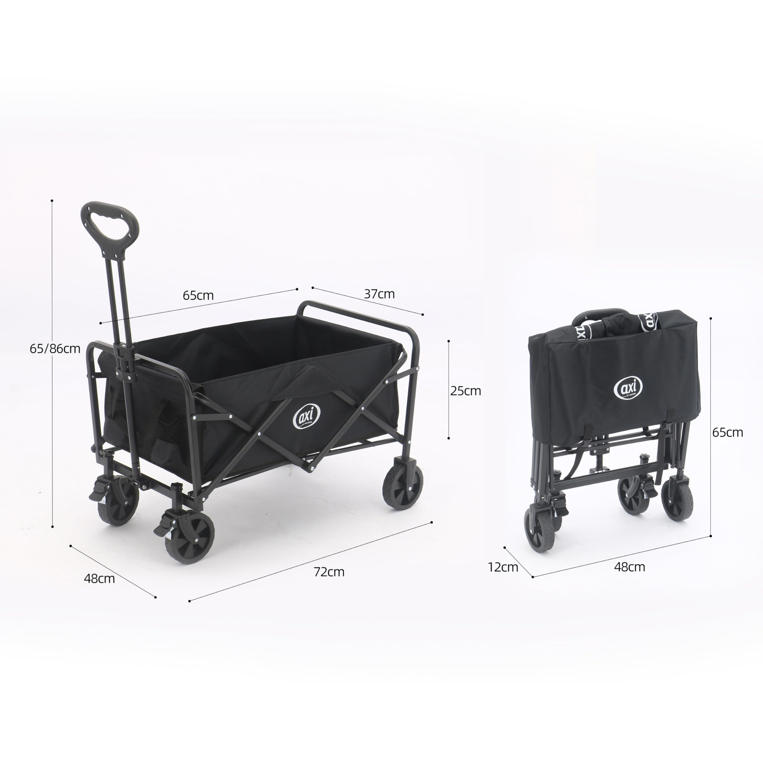 AXI SB120 Faltbarer Bollerwagen in Schwarz | Handwagen Klappbar/Faltbar mit Hülle, Innentasche & Getränkehalter - PP Gummireifen | Kapazität: 60 l