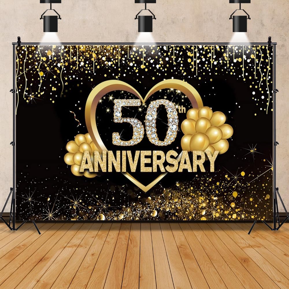 Chloroplast 50th Wedding Anniversary Backdrop 10x8ft Black Gold Glitter Spots Diamond 50th Anniversary Background for Photography Party Banner