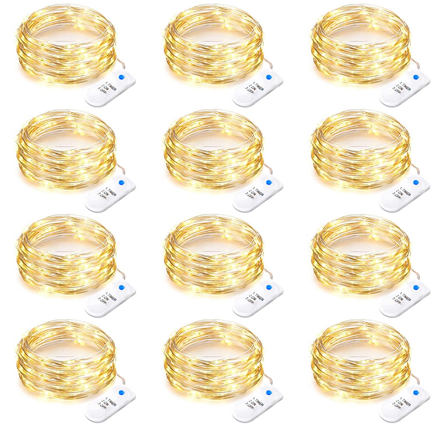 Yiaht 12 Pack Battery Operated Fairy String Lights with Timer 7 Feet 20 Led Waterproof Silver Wire Firefly Starry Moon Lights for Bedroom DIY Party Mason Jars Wedding Patio Christmas Decorations