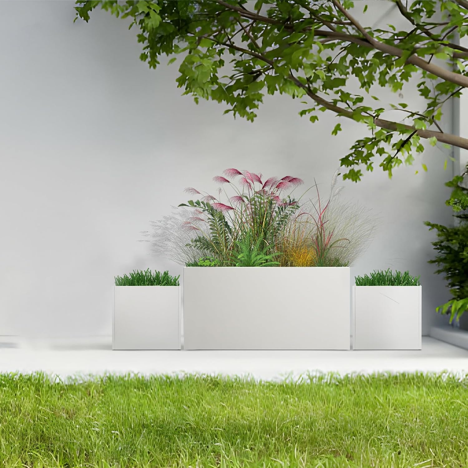 White Steel Planter Rectangular 32" L x 16" W x 16" H Rectangle Outdoor Indoor Planter Box Galvanized Steel Metal Large Planters Modern Commercial Residential for Trees Patio Yard Garden