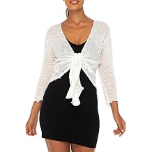 Back From Bali Womens 100% Cotton Shrug Tie Front Cardigan Lightweight Soft Knit 3/4 Sleeve Open Front Sweater