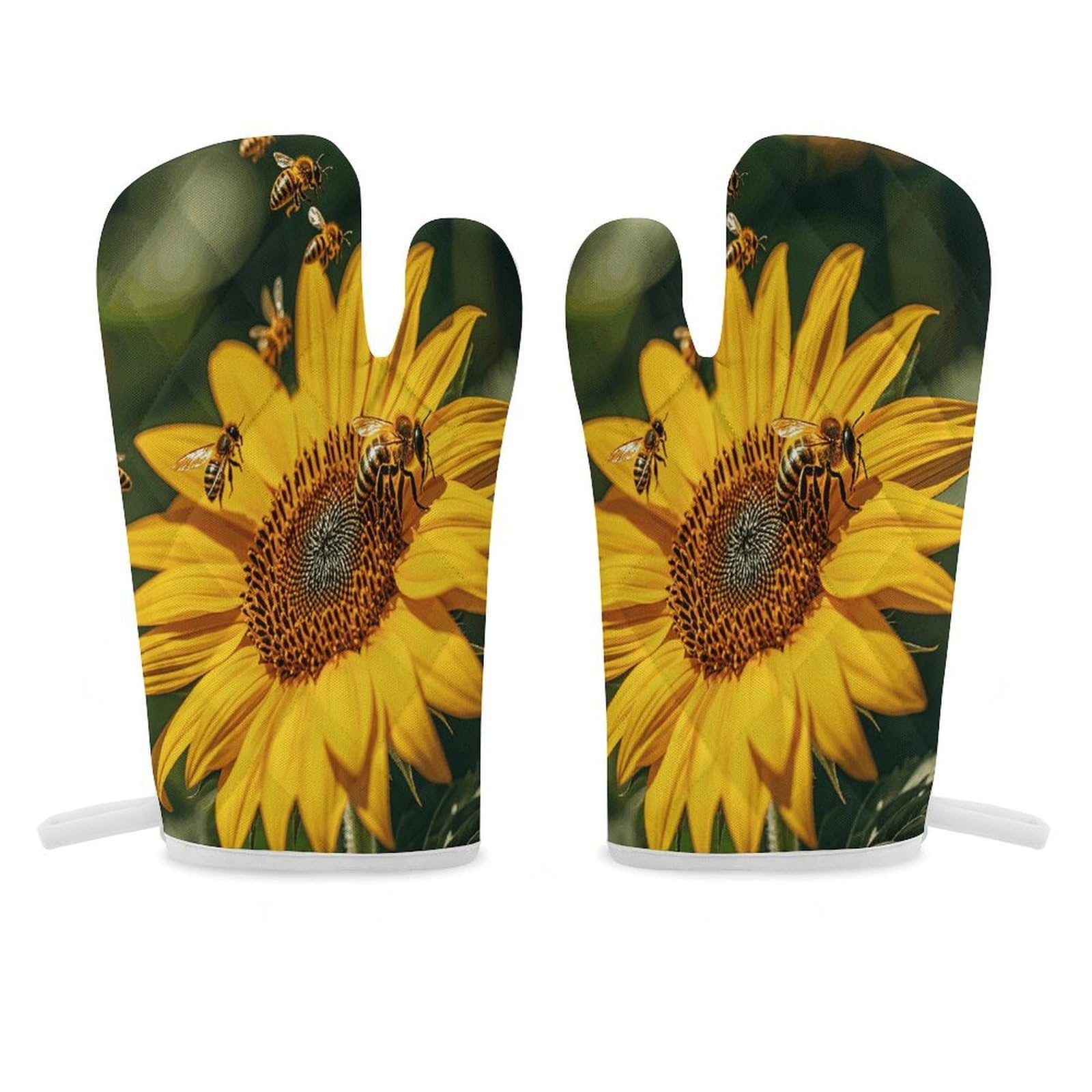Sunflower Bees Oven Mitt Heat Resistant Potholder Set,Durable Oven Gloves for Gifts,Glove Pot Holder for Cooking Baking Grilling BBQ