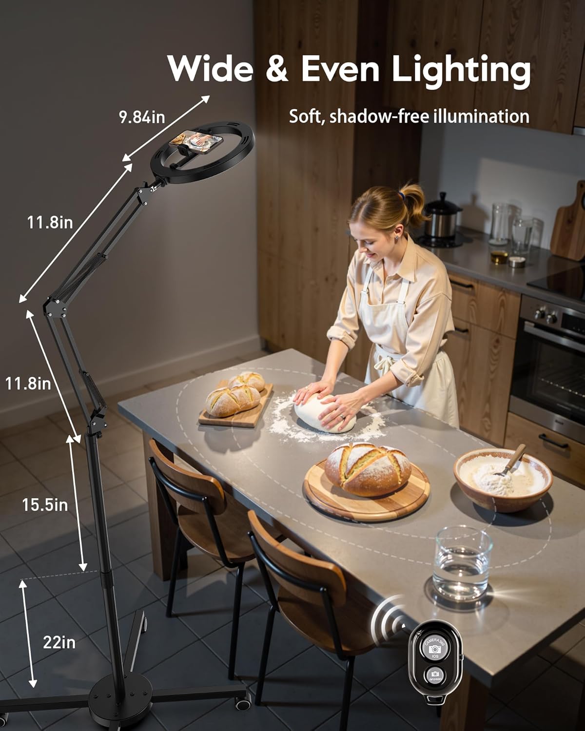 Ring Light Tripod for iPhone Overhead Camera Mount, LUXSURE Ring Light with Stand and Phone Holder with Casters & Flexible Arm, Phone Tripod with Light for Video Recording,Live Streaming,Cooking