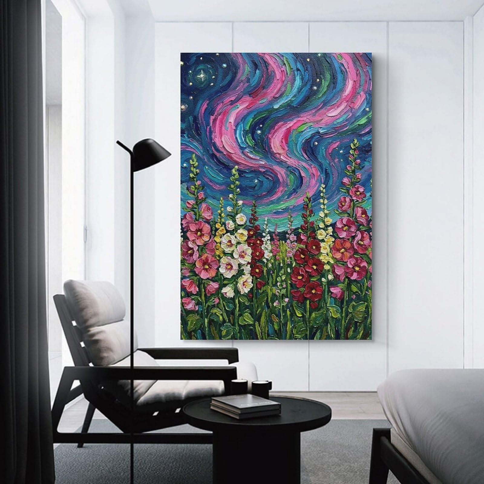 Junmoney Floral Field Under Aurora Painting Canvas Wall Decor 08x12inch(20x30cm), for Lounge, Study, Hallway Or Flat Walls, Canvas Wall Art That Fits Changing Layouts
