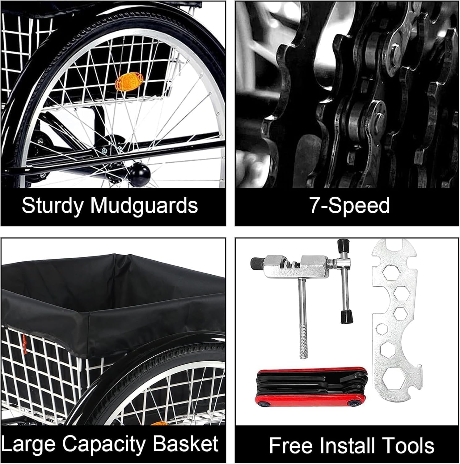 26 Inch Adult Tricycle 7 Speed, 3 Wheel Bikes Tricycle for Adults, Adult Trike for Women/Men/Seniors, Three Wheel Cruiser Bike w/Rear Basket for Shopping/Recreation/Picnic (Black)
