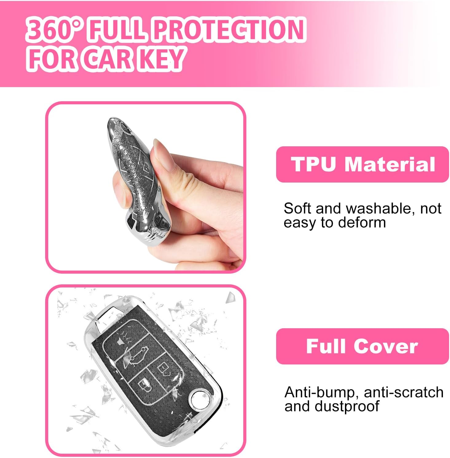 Rislobx Key Fob Cover with Bling Keychain Fit for Chevy Flip Key, Car Key Case for Equinox Malibu Camaro Cruze Impala GMC Buick (4 Buttons S-Gray) image 5