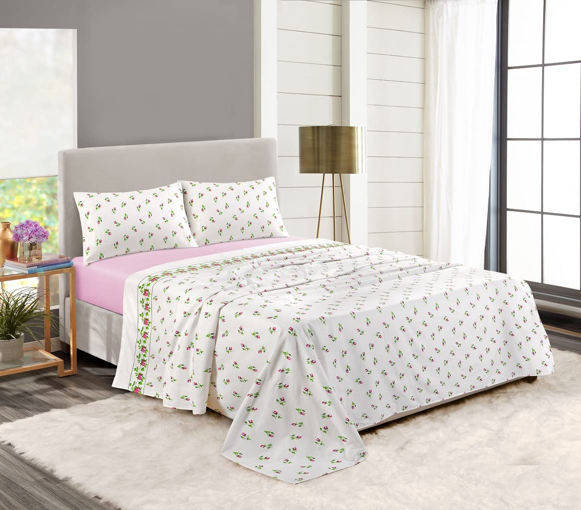 NIGHTZONE Rosebud Floral Flannelette Sheet Set 100% Brushed Cotton Thermal Fitted Sheet Flat Sheet & Pillowcases Bedding Set (Pink, King)