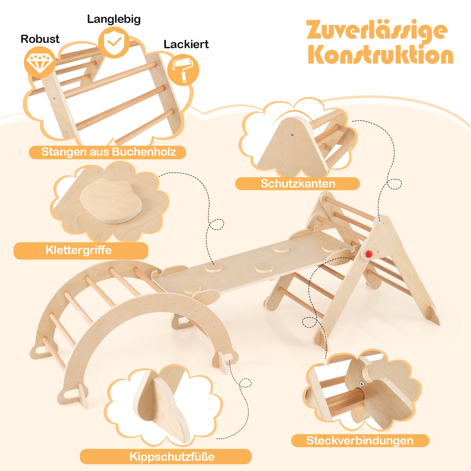 COSTWAY Kletterdreieck mit Rutsche, Kletterbogen, inkl. doppelseitige Rampe, Klettergerüst Indoor klappbar, Sprossendreieck zum Klettern, Rutschen und Wippen, Kinder Spielplatz Holz ab 3 Jahre, Natur