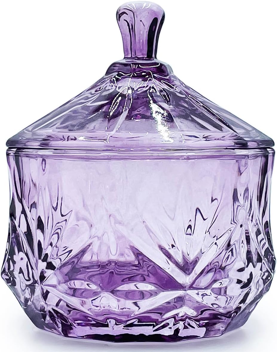 8oz Glass Candy Dish with Non-Airtight Lid,Small Crystal Chrismas Candy Jar,Cotton Round Holder,Office,Bathroom,Dining Room Organizer(Rose Purple)