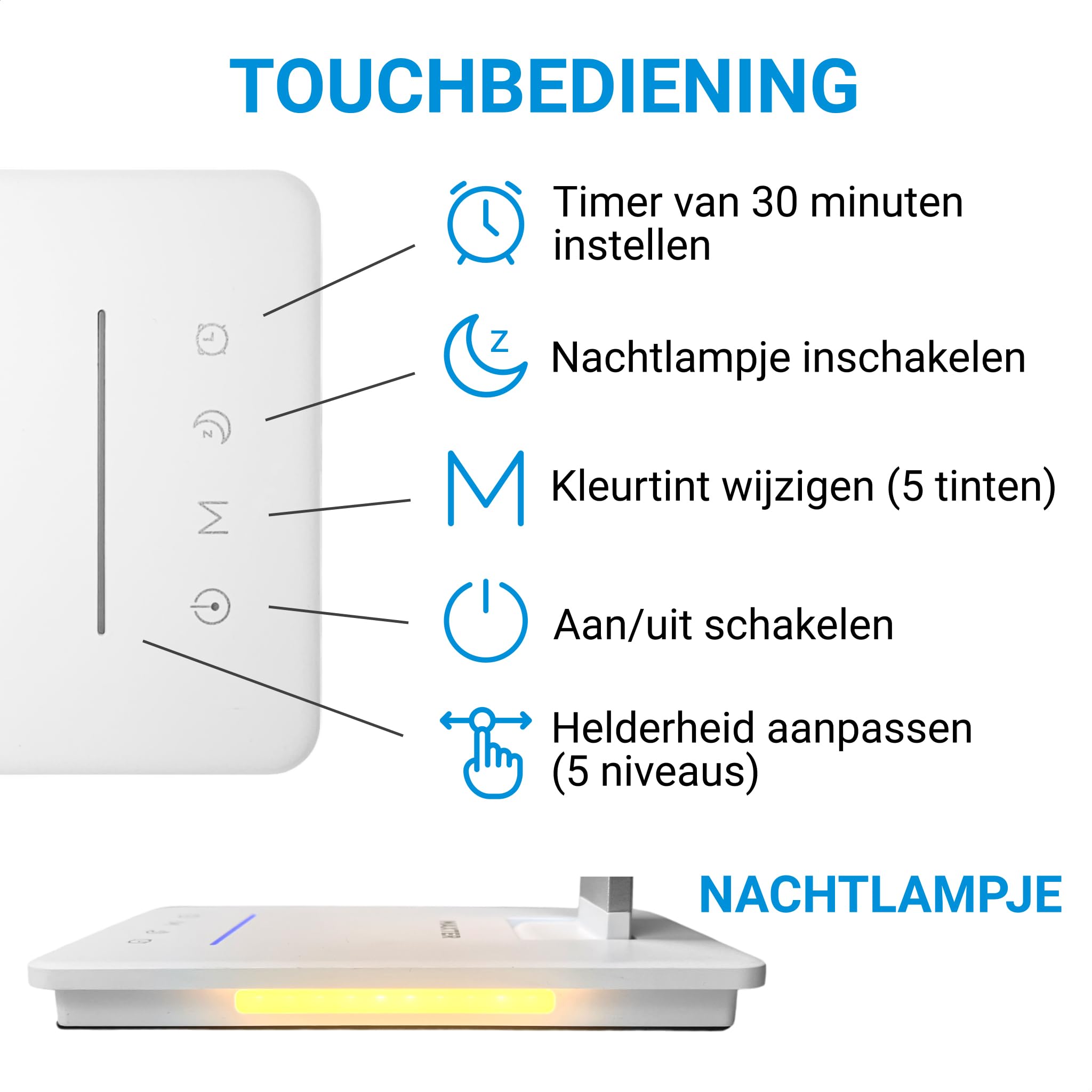 MAXTER Draadloze LED Bureaulamp 360° met Oplaadbare Batterij, LED Tafellamp (6W, 550 lumen, USB-poort, 5 Helderheids- en Kleurniveaus, Timer 30/60 min