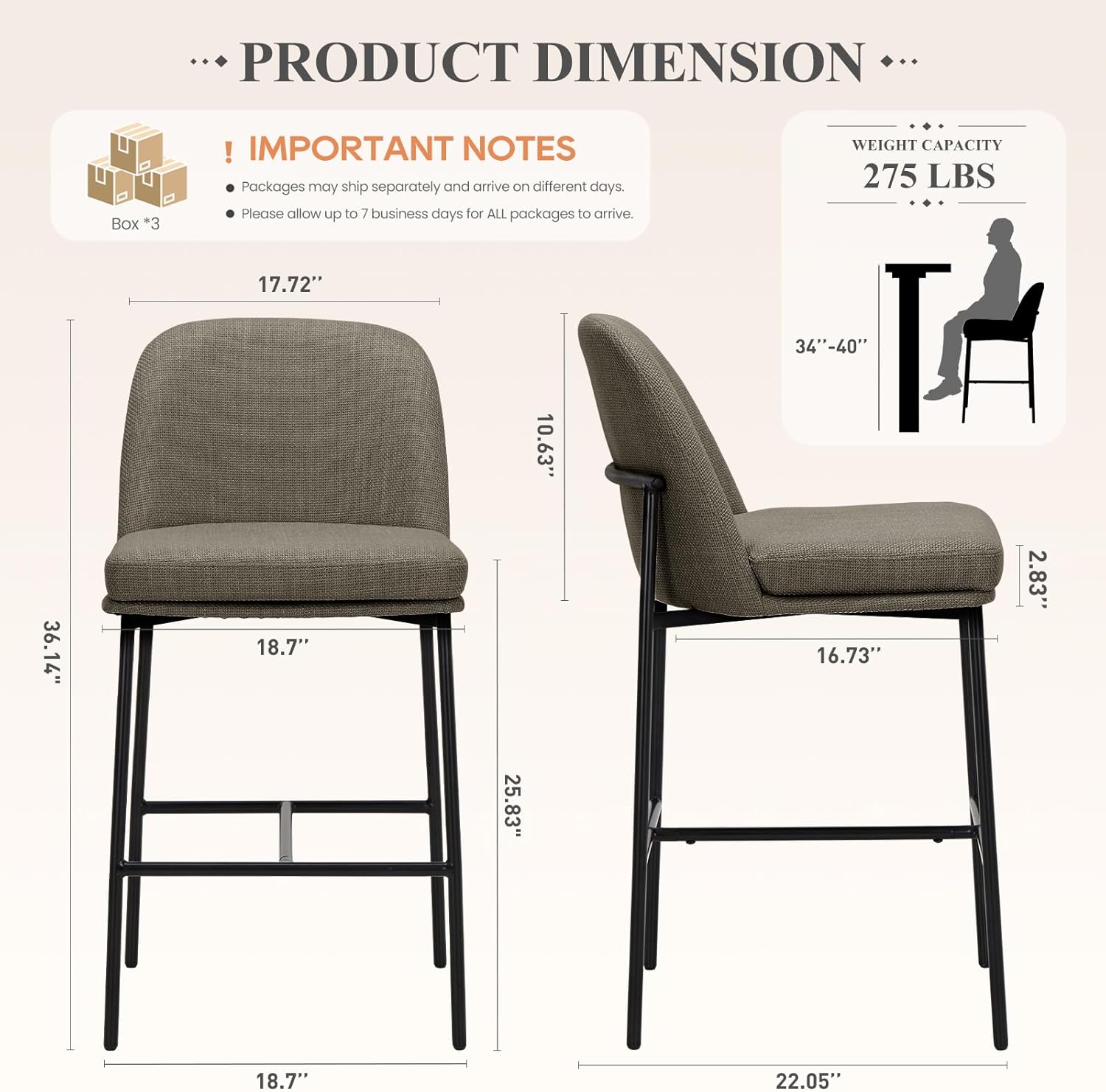MALOL Bar Stools Set of 6, Modern Upholstered Counter Height Bar Chairs with Cushioned Seat and Curved Back, Fabric Kitchen Island Stools with Sturdy Metal Legs for Dining Room Island Bar, Brown