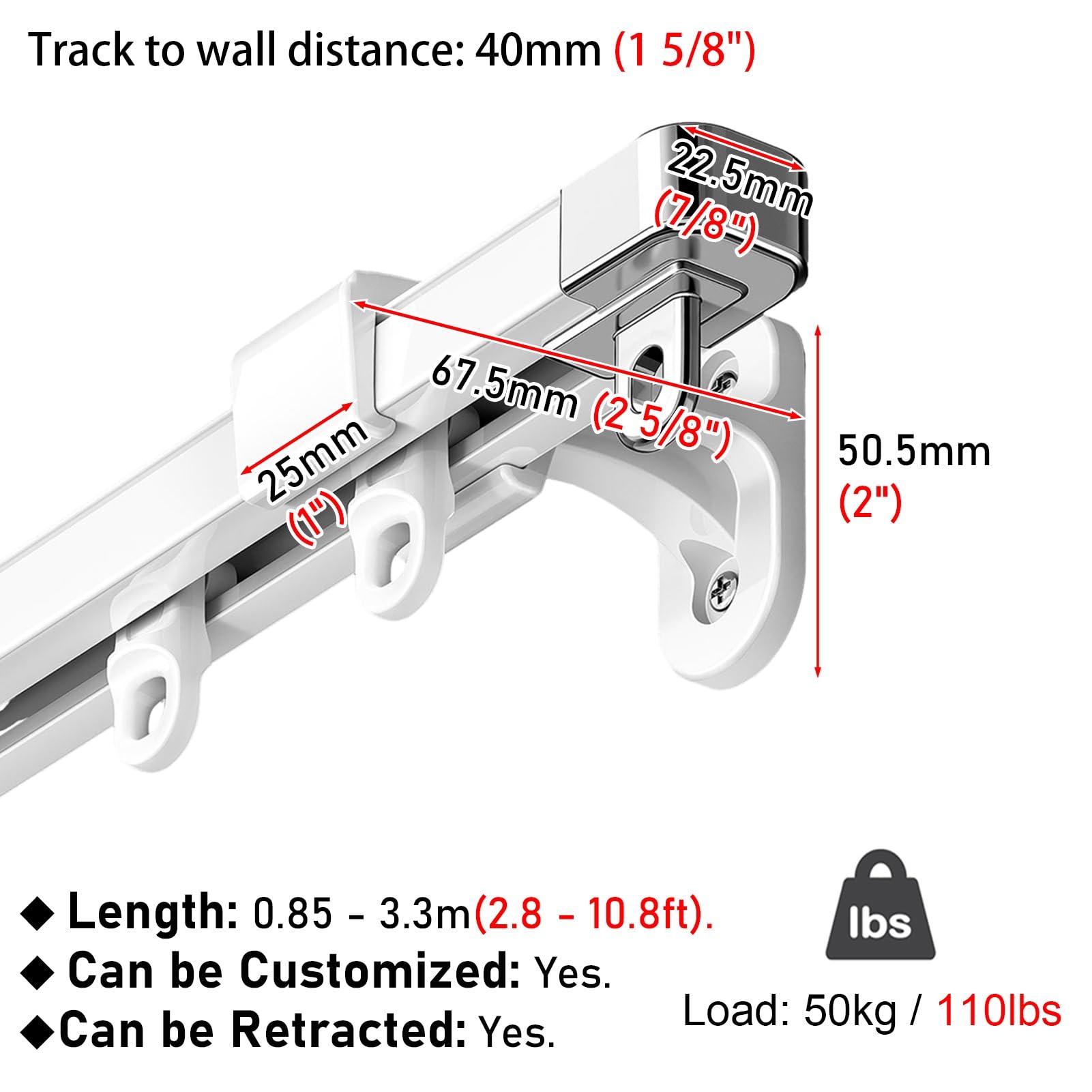 Adjuble Chowany system szyn An - aluminiowy drążek przesuwny do montażu na suficie/ścianie, biała ścianka działowa do kampera/szpitala, Exte 1,15-2,1 m / 3.8-6.9ft
