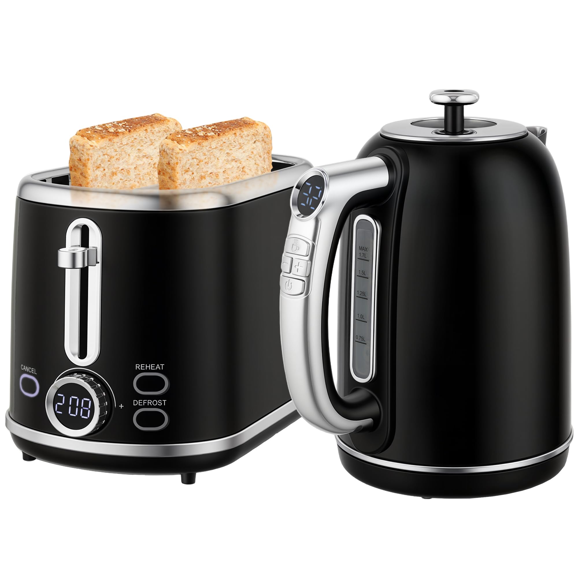 HOMCOM Wasserkocher Toaster Set 1,7L 2200W Edelstahl 2 Scheiben 6 Bräunungsstufen LED Schwarz
