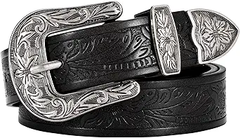 SANSTHS Western Belt For Women, Womens Cowboy Belt For Pants Jeans With Vintage Floral Carved Design