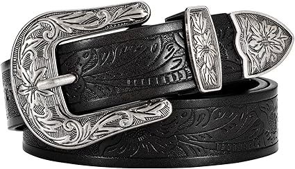 SANSTHS Western Belt For Women, Womens Cowboy Belt For Pants Jeans With Vintage Floral Carved Design